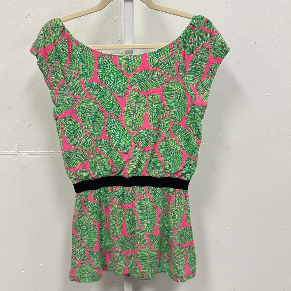 Lilly Pulitzer Pink Green Palm Leaf‎ Print Tunic Top Small Tropical Boat Neck